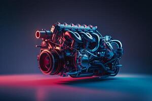 AI generated A close-up of a state-of-the-art automotive engine shining brightly against a dark background, showcasing intricate details. photo