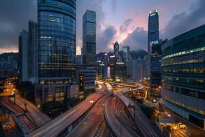AI generated An elevated view of a bustling city at twilight, featuring a cluster of towering buildings reaching towards the sky. photo