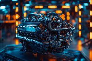 AI generated The intricate details of a cutting-edge car engine being assembled in a factory. photo