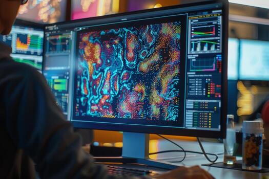 AI generated A man engrossed in work, sitting in front of a computer monitor displaying a colorful visualization. photo