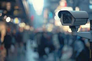 AI generated Close up of an AI surveillance camera vigilantly monitoring a busy urban setting as evening falls. photo