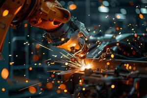 AI generated A robotic arm welds with bright sparks fly in a dark, industrial setting. photo