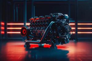 AI generated A cutting-edge automotive engine stands out on a vibrant red floor. photo