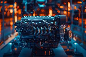 AI generated A close-up view of a cutting-edge car engine being assembled in a factory setting, showcasing advanced automotive technology. photo