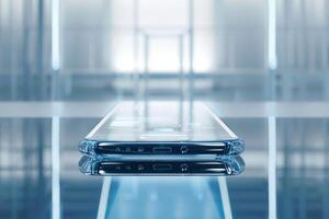 AI generated A cutting-edge transparent smartphone captivates with its design on a reflective surface. photo