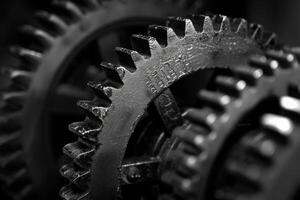 AI generated A close-up of intertwined metallic gears and cogs, showcasing intricate patterns and mechanical precision. photo