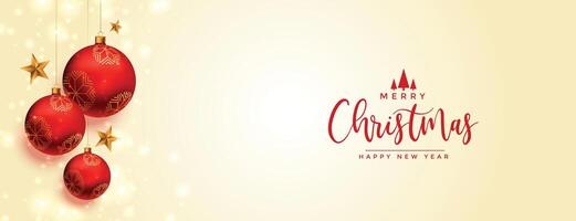 merry christmas banner with realistic ball decoration vector