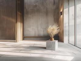 AI generated minimalist interior design, concrete texture with natural wood accents, in modern elegance photo