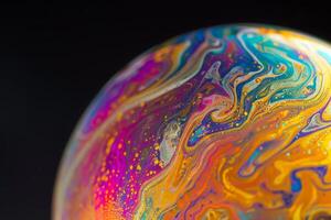 AI generated Close up of a soap bubble reflecting abstract patterns on a black background. photo