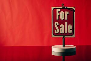 AI generated A bright red background showcases a stand with a bold Car For Sale sign, creating a striking visual contrast. photo