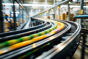 AI generated Detailed shot of a conveyor belt system equipped with a train track inside a building, showcasing industrial design and functionality. photo