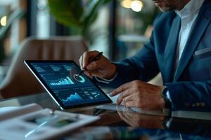 AI generated A man immersed in work, exploring insurance options on his laptop at a table. photo