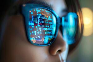 AI generated Close up of glasses with binary code reflected on lenses, creating a futuristic and tech-savvy vibe. photo