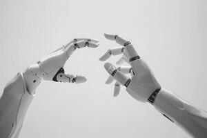 ai generado un robótico mano alcanza fuera a un humano mano, simbolizando el nexo de humanidad y tecnología. foto