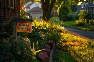 AI generated A colorful House For Sale sign stands proudly in front of a charming house on a sunny morning. photo