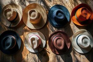 AI generated A cluster of handcrafted hats arranged neatly on a wooden floor, showcasing their unique designs and textures. photo