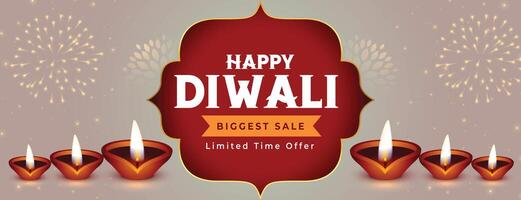 happy diwali biggest sale banner with diya and firework decoration vector