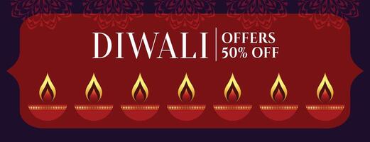 happy diwali sale banner with offer details and artistic diya vector