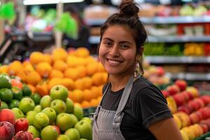 ai generado sonriente hembra supermercado Fruta sección trabajador mirando a el cámara foto