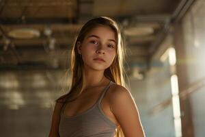 AI generated a young girl standing in dance studio wearing chiffon top photo