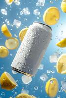 AI generated A white can of energy drink with drops and ice cubes surrounded by lemons photo