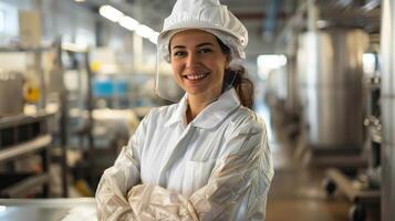 ai generado un comida industrial producción mujer trabajador en lleno la seguridad ropa foto