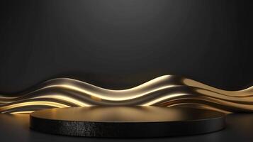 AI generated Gold black luxury podium background golden product line stage photo