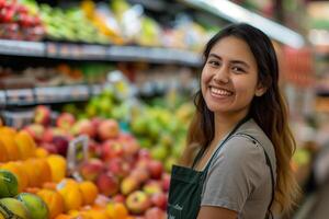 ai generado sonriente hembra supermercado Fruta sección trabajador mirando a el cámara foto