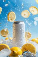 AI generated A white can of energy drink with drops and ice cubes surrounded by lemons photo