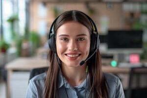 ai generado contento sonriente hembra cliente Servicio empleado vistiendo un auriculares trabajando en un oficina foto