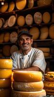 AI generated Italian cheese maker with his stacks of made photo