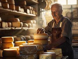 AI generated Italian cheese maker with his stacks of made photo