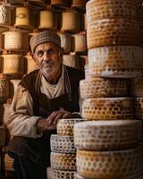 AI generated Italian cheese maker with his stacks of made photo