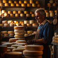 ai generado italiano queso fabricante con su pilas de hecho foto