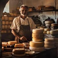 AI generated Italian cheese maker with his stacks of made photo