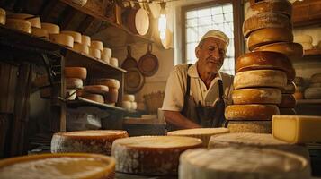 ai generado italiano queso fabricante con su pilas de hecho foto