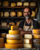 ai generado italiano queso fabricante con su pilas de hecho foto