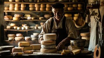 AI generated Italian cheese maker with his stacks of made photo