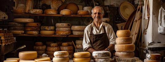 AI generated Italian cheese maker with his stacks of made photo