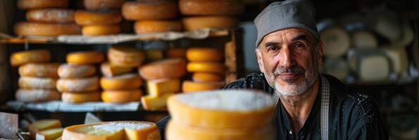 ai generado italiano queso fabricante con su pilas de hecho foto