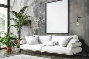 AI generated Stylish living room interior with white sofa and blank white canvas on the wall photo