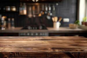 AI generated brown wooden kitchen table blurry background photo