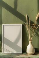 AI generated empty white canvas frame mockup with dried plants in vase on green wall photo