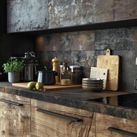 AI generated close up of a kitchen modern rustic style, wood furniture photo