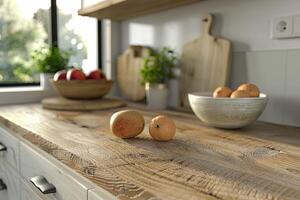 ai generado cerca arriba de un cocina moderno rústico estilo, madera mueble foto