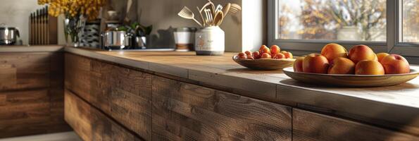 AI generated close up of a kitchen modern rustic style, wood furniture photo