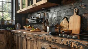 ai generado cerca arriba de un cocina moderno rústico estilo, madera mueble foto