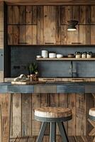 ai generado cerca arriba de un cocina moderno rústico estilo, madera mueble foto