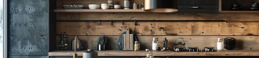 ai generado cerca arriba de un cocina moderno rústico estilo, madera mueble foto