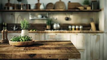 AI generated close up of a kitchen modern rustic style, wood furniture photo